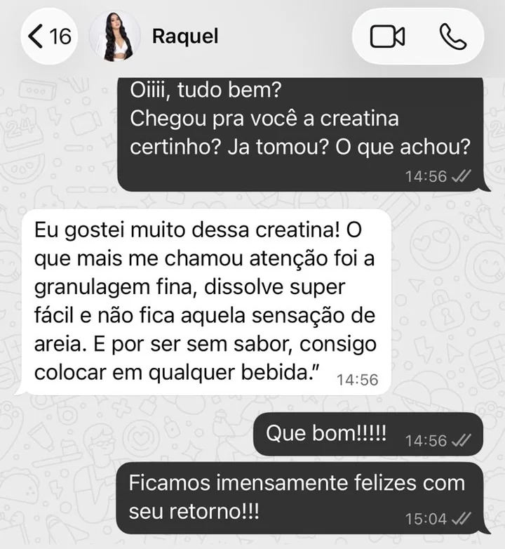Depoimento da cliente Raquel no WhatsApp